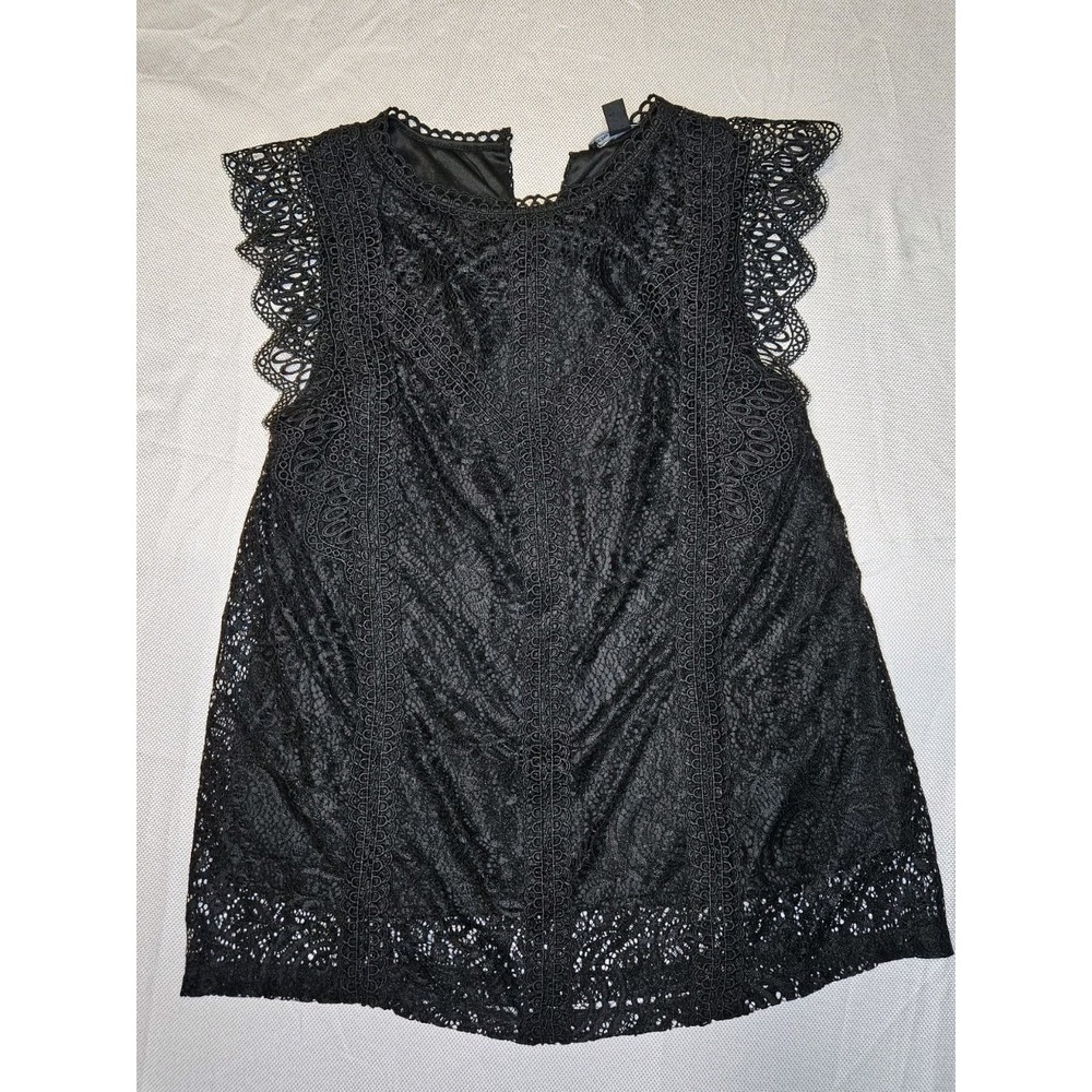 Womens Black Floral Lace Sleeveless Blouse Crochet Trim Large
